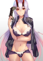 Rule 34 | 1girl, :d, bra, breast hold, breasts, cleavage, commentary request, controller, dualshock, fate/grand order, fate (series), frilled bra, frilled panties, frills, game controller, gamepad, gradient background, gradient hair, highres, holding, horns, large breasts, long hair, looking at viewer, multicolored hair, navel, oni horns, open mouth, panties, playstation controller, red eyes, satou daiji, silver hair, simple background, smile, solo, tomoe gozen (fate), underwear