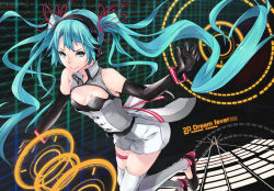 Rule 34 | 1girl, aqua eyes, aqua hair, bare shoulders, black gloves, cleavage cutout, clothing cutout, copyright name, elbow gloves, english text, flat chest, gloves, hatsune miku, headphones, long hair, looking at viewer, mille (dieci), mirre, nijigen dream fever, nijigen dream fever (vocaloid), project diva (series), project diva f 2nd, shirt, shoes, skirt, smile, solo, thigh strap, thighhighs, twintails, very long hair, vocaloid, white thighhighs