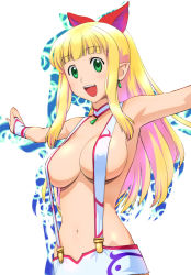 Rule 34 | 00s, 1girl, blonde hair, breasts, bridal gauntlets, choker, earrings, green eyes, jewelry, large breasts, long hair, marin (marine-sky-earth), marin (umi monogatari), naked suspenders, no bra, outstretched arms, pointy ears, revealing clothes, solo, spread arms, suspenders, topless, ueyama michirou, umi monogatari