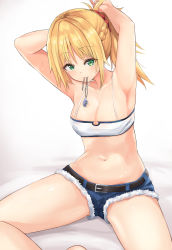 Rule 34 | 1girl, adjusting hair, armpits, arms behind head, arms up, bandeau, bare arms, bare shoulders, blonde hair, blush, breasts, cleavage, collarbone, cutoffs, fate/apocrypha, fate (series), green eyes, hair ornament, hair scrunchie, highres, looking at viewer, medium breasts, mordred (fate), mordred (fate/apocrypha), mordred (memories at trifas) (fate), mouth hold, navel, neneru, parted lips, ponytail, revealing clothes, scrunchie, short shorts, shorts, sitting, solo, spread legs, stomach