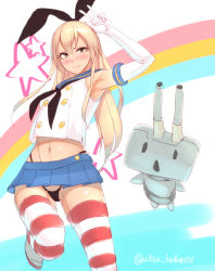 Rule 34 | 10s, 1girl, armpits, black panties, blonde hair, blush, elbow gloves, gloves, hairband, highres, kantai collection, kate (alice catharsis), long hair, looking at viewer, navel, panties, pantyshot, personification, rensouhou-chan, shimakaze (kancolle), skirt, solo, striped clothes, striped thighhighs, thighhighs, twitter username, underwear, upskirt, v, white gloves