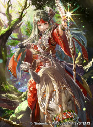 Rule 34 | 1girl, bow (weapon), braid, copyright name, fingerless gloves, fire emblem, fire emblem: the binding blade, fire emblem cipher, firing, forest, gloves, green eyes, green hair, hair ornament, head wings, headband, horse, horseback riding, long hair, matching hair/eyes, mayo (becky2006), nature, nintendo, official art, quiver, riding, serious, short hair, solo, sue (fire emblem), traditional clothes, weapon, wings