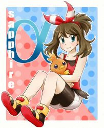 Rule 34 | 1girl, armpits, bare shoulders, bike shorts, black shorts, blue eyes, blush, bow, brown hair, character name, child, closed mouth, collarbone, creatures (company), eyelashes, fang, female focus, flat chest, full body, game freak, gen 3 pokemon, gen 6 pokemon, hair bow, hair ornament, hair ribbon, happy, holding, holding pokemon, hug, knees up, legs, light blush, looking at viewer, may (pokemon), medium hair, mega stone, neck, nintendo, pokemon, pokemon (creature), pokemon adventures, polka dot, polka dot background, red bow, red ribbon, red shirt, ribbon, shiny clothes, shiny skin, shirt, shoes, short shorts, shorts, side bangs, sitting, size difference, sleeveless, sleeveless shirt, smile, sneakers, thighs, tight clothes, tight shirt, torchic, tsaianda, two-tone background, two-tone bow, two-tone ribbon, wristband, yellow footwear