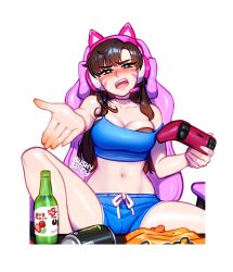 Rule 34 | 1girl, :d, animal ear headphones, animal ears, bare shoulders, black choker, blue shorts, blush, blushyspicy, bottle, bra, breasts, brown ahri, brown hair, can, cat ear headphones, cat ears, chair, choker, cleavage, collarbone, controller, crop top, d.va (overwatch), facial mark, fake animal ears, half-closed eyes, headphones, holding, holding controller, knee up, large breasts, legs apart, long hair, looking at viewer, midriff, monster energy, off shoulder, open mouth, outline, overwatch, shiny skin, shorts, sitting, smile, solo, teeth, transparent background, underwear, upper teeth only, white outline