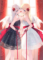 Rule 34 | 2girls, angel wings, backlighting, bare arms, bare shoulders, black dress, blonde hair, blue eyes, closed mouth, commentary request, curtains, dress, feathered wings, flower, hair between eyes, hair flower, hair ornament, highres, holding hands, interlocked fingers, long hair, looking at viewer, multiple girls, nail polish, original, red flower, red nails, red rose, rose, strapless, strapless dress, sunlight, toosaka asagi, very long hair, white dress, white flower, white hair, white rose, white wings, window, wings