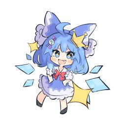 Rule 34 | 1girl, ahoge, blue bow, blue dress, blue eyes, blue hair, blush, bow, chibi, circled 9, cirno, crown, detached wings, dress, fairy wings, fang, frilled dress, frills, full body, hair bow, hair ornament, hands on own hips, ice, ice wings, large bow, looking at viewer, multicolored clothes, multicolored dress, open mouth, primsla, short hair, sidelocks, simple background, solo, split mouth, star-shaped pupils, star (symbol), symbol-shaped pupils, thick eyebrows, tongue, touhou, white background, white bow, white dress, wings