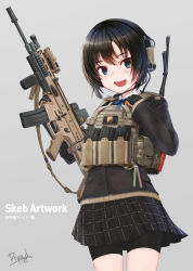 Rule 34 | 1girl, :d, artist name, assault rifle, backpack, bag, bike shorts, black eyes, black gloves, black hair, black jacket, black shorts, black skirt, blue ribbon, body armor, borrowed character, commentary request, cowboy shot, dreadtie, dress shirt, english text, fn scar, gloves, grey background, gun, headset, highres, holding, holding gun, holding weapon, jacket, looking at viewer, magazine (weapon), miniskirt, neck ribbon, open mouth, original, plaid, plaid skirt, pleated skirt, ribbon, rifle, scar l, shirt, short hair, shorts, shorts under skirt, signature, simple background, skirt, smile, solo, standing, weapon, white shirt