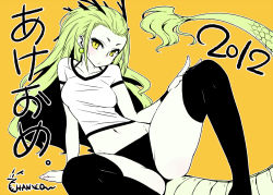 Rule 34 | 10s, 1girl, 2012, akeome, black thighhighs, chan co, dragon, dragon girl, dragon horns, dragon tail, earrings, forehead, green hair, happy new year, horns, jewelry, long hair, midriff, monster girl, navel, new year, original, shirt, short eyebrows, sitting, slit pupils, solo, spread legs, tail, thighhighs, yellow background, yellow eyes