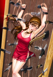 Rule 34 | 1girl, armpits, arms up, axe, bdsm, bondage, bound, breasts, brown hair, cleavage, crying, dagger, dress, earrings, closed eyes, highres, jewelry, knife, large breasts, mankappa, open mouth, original, panties, peril, pink panties, restrained, scared, solo, tears, underwear, weapon