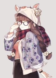 Rule 34 | 1girl, adjusting eyewear, animal hood, blush, booota, braid, breasts, brown hair, cardigan, closed mouth, commentary request, cover, floral print, fringe trim, from side, glasses, grey background, hood, jacket, long hair, looking at viewer, medium breasts, open cardigan, open clothes, open jacket, original, pig tail, plaid, plaid scarf, purple eyes, red scarf, scarf, simple background, smile, solo, tail, twin braids, upper body