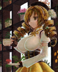 Rule 34 | 10s, 1girl, bow, breasts, brown eyes, brown hair, corset, cup, detached sleeves, dress, drill hair, fingerless gloves, gloves, huge breasts, impossible clothes, impossible shirt, kabaji, long hair, mahou shoujo madoka magica, mahou shoujo madoka magica (anime), shirt, solo, teacup, tomoe mami