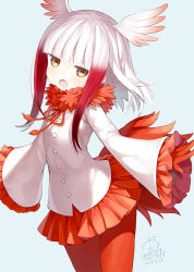 Rule 34 | 10s, 1girl, 2017, :o, artist name, blue background, blunt bangs, buttons, capriccio, cowboy shot, dated, frilled sleeves, frills, fur trim, gloves, head wings, hibanar, japanese crested ibis (kemono friends), jitome, kemono friends, long hair, long sleeves, looking at viewer, miniskirt, multicolored hair, outstretched arms, pantyhose, pleated skirt, red gloves, red hair, red pantyhose, red skirt, shirt, sidelocks, signature, simple background, skirt, solo, tail, two-tone hair, white hair, white shirt, wings, yellow eyes