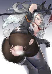 Rule 34 | 1girl, animal ears, arknights, ass, blood, breasts, breasts out, censored, corpse, death, empty eyes, from behind, gloves, grani (arknights), highres, long hair, necrophilia, nipples, personality (artist), pussy, silver hair, solo, tail, torn clothes, torn legwear