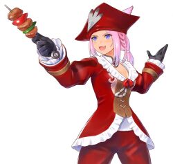 Rule 34 | 1girl, animal ears, black gloves, blue eyes, breasts, cleavage, cowboy shot, fang, final fantasy, final fantasy xiv, food, gloves, jacket, kebab, medium breasts, miqo&#039;te, pants, pink hair, red headwear, red jacket, red pants, simple background, skin fang, smile, solo, taisai soft, w arms, warrior of light (ff14), white background