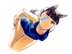 Rule 34 | 1girl, animal ears, arms behind back, bent over, black eyes, black hair, breasts, chikuwa (tks), cleavage, dog ears, dog tail, eyepatch, frown, long hair, medium breasts, one-piece swimsuit, ponytail, sakamoto mio, simple background, solo, strike witches, swimsuit, tail, thigh gap, white background, world witches series