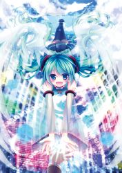 Rule 34 | 1girl, angel wings, bad id, bad pixiv id, binary, black thighhighs, blue eyes, blue hair, blue sky, cloud, cube, detached sleeves, hair ornament, hatsune miku, highres, long hair, long sleeves, looking at viewer, mikazuki sara, mountain, ocean, open mouth, outstretched arms, outstretched hand, see-through, shirt, skirt, sky, smile, tattoo, thighhighs, twintails, very long hair, virtual reality, vocaloid, water, wide sleeves, wings, zettai ryouiki