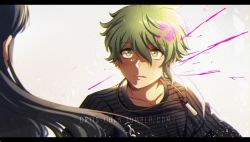 Rule 34 | 1boy, amami rantaro, blood, blush, commentary, commentary request, criis-chan, danganronpa (series), danganronpa v3: killing harmony, ear piercing, earrings, green eyes, green hair, jewelry, letterboxed, long hair, looking at another, male focus, messy hair, necklace, parted lips, piercing, pink blood, shirogane tsumugi, shirt, solo focus, striped clothes, striped shirt, symbol-only commentary, teeth, tumblr username, upper body
