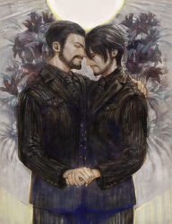 Rule 34 | 10s, 2boys, beard, black hair, closed eyes, facial hair, father and son, final fantasy, final fantasy xv, flower, formal, holding hands, hand on another&#039;s shoulder, machiko (xxmachixx), male focus, multiple boys, noctis lucis caelum, aged up, pinstripe pattern, pinstripe suit, spoilers, striped, suit, time paradox, aged down