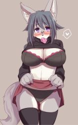 Rule 34 | 1girl, animal ear fluff, animal ears, animal nose, bad id, bad pixiv id, black bra, black thighhighs, blush, body fur, bra, breasts, claws, come hither, commentary request, condom, condom in mouth, condom wrapper, copyright request, cowboy shot, furry, furry female, glasses, grey fur, grey hair, hair between eyes, heart, large breasts, long hair, long sleeves, looking at viewer, midriff, mouth hold, navel, purple eyes, red skirt, saigi, sepia background, simple background, skirt, snout, solo, spoken heart, tail, thighhighs, two-tone fur, underwear, white fur, wolf, wolf ears, wolf girl, wolf tail