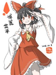 Rule 34 | 10s, 1girl, 2016, armpits, ascot, bare shoulders, black hair, bow, cowboy shot, dated, detached sleeves, eyebrows, frilled shirt collar, frilled skirt, frills, grin, hair between eyes, hair bow, hair tubes, hakurei reimu, hand on own hip, inuno rakugaki, looking at viewer, red bow, red eyes, red shirt, red skirt, ribbon-trimmed sleeves, ribbon trim, salute, sarashi, shirt, sidelocks, simple background, skirt, smile, solo, touhou, two-finger salute, white background, wide sleeves