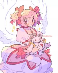 Rule 34 | 1girl, blush, bow, bubble skirt, commentary, creature, dress, english commentary, feathered wings, gloves, hair bow, highres, holding, holding creature, kaname madoka, kyubey, looking at viewer, magical girl, mahou shoujo madoka magica, mahou shoujo madoka magica (anime), open mouth, pink bow, pink eyes, pink hair, puffy short sleeves, puffy sleeves, sharpycharot, short hair, short sleeves, short twintails, simple background, skirt, smile, sparkle, twintails, white background, white dress, white gloves, white wings, wings
