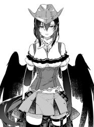 Rule 34 | 1girl, bare shoulders, black wings, blush, breasts, cleavage, commentary request, cowboy hat, cowboy shot, expressionless, feathered wings, greyscale, hair between eyes, hat, horse tail, kurokoma saki, looking at viewer, medium breasts, monochrome, pegasus wings, simple background, skirt, solo, syuri22, tail, thigh strap, thighhighs, touhou, white background, wings, zettai ryouiki