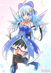Rule 34 | 1girl, aged up, ahoge, alternate breast size, alternate costume, alternate hair length, alternate hairstyle, artist name, black thighhighs, blue eyes, blue hair, blush, boots, bow, breasts, cirno, cleavage, cleavage cutout, clothing cutout, detached sleeves, hair bow, hair ornament, happy, heart, highres, ice, ice wings, long hair, looking at viewer, medium breasts, open mouth, pleated skirt, signature, skirt, smile, solo, standing, standing on one leg, star (symbol), thighhighs, touhou, wings, yurume atsushi