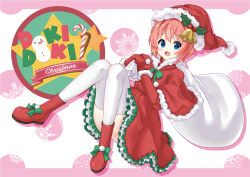 Rule 34 | 1girl, absurdres, bell, blue eyes, boots, christmas, doki doki literature club, dress, frilled dress, frills, gloves, hat, highres, holding, holding sack, jingle bell, looking at viewer, open mouth, red hair, sack, santa boots, santa costume, santa dress, santa gloves, santa hat, sayori (doki doki literature club), short hair, solo, thighhighs, thousand (sentyuu89), white thighhighs