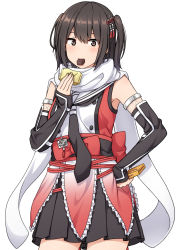 Rule 34 | 1girl, black gloves, black neckerchief, black skirt, brown eyes, brown hair, buttons, cowboy shot, double-breasted, elbow gloves, fingerless gloves, food, food in mouth, gloves, highres, holding, holding food, kantai collection, miniskirt, mouth hold, nakamura sumikage, neckerchief, pleated skirt, scarf, school uniform, sendai (kancolle), sendai kai ni (kancolle), serafuku, skirt, solo, standing, two side up, white scarf