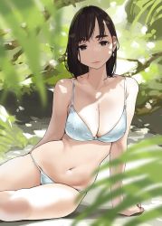 Rule 34 | 1girl, arm support, bikini, breasts, brown eyes, brown hair, closed mouth, collarbone, earrings, ganbare douki-chan, highres, jewelry, kouhai-chan (douki-chan), large breasts, lips, looking at viewer, mole, mole on breast, mole on cheek, mole on thigh, nature, navel, short hair, sitting, solo, swimsuit, thick eyebrows, white bikini, yomu (sgt epper)