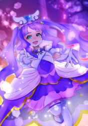 Rule 34 | 1girl, aqua eyes, boots, brooch, commentary, cure majesty, detached sleeves, dress, elbow gloves, ellee-chan, frilled thighhighs, frills, gloves, hair ornament, half-closed eyes, half-dress, highres, hirogaru sky! precure, jewelry, layered skirt, long hair, looking at viewer, magical girl, manekineko5319, medium dress, miniskirt, open mouth, precure, puffy detached sleeves, puffy sleeves, purple dress, purple hair, purple skirt, purple sky, reaching, reaching towards viewer, skirt, sky, sleeveless, sleeveless dress, smile, solo, sparkle, standing, thighhighs, two side up, very long hair, white footwear, white gloves, wing brooch, wing hair ornament