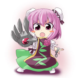 Rule 34 | 1girl, bandages, blush stickers, chibi, claws, code geass, cuffs, double bun, female focus, flower, hair bun, ibaraki kasen, ichimi, looking at viewer, open mouth, outstretched arm, parody, pink flower, pink rose, puffy sleeves, purple eyes, purple hair, rose, shackles, shirt, short hair, short sleeves, skirt, solo, tabard, touhou