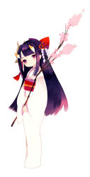 Rule 34 | 1girl, black hair, bow, cherry blossoms, female focus, flower, full body, hair bow, head tilt, highres, hime cut, hinomoto oniko, horns, japanese clothes, kimono, long hair, looking at viewer, original, purple eyes, puti devil, simple background, smile, solo, standing, upright, v arms, white background, white kimono
