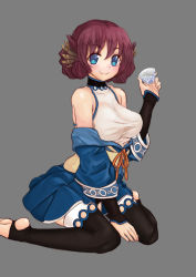 Rule 34 | 1girl, absurdres, animal ears, aquaplus, arm up, bare shoulders, between legs, big mouse, blue eyes, blush, braid, breasts, cleavage, closed mouth, collarbone, covered collarbone, cup, feet, full body, gradient hair, hair between eyes, hand between legs, highres, holding, holding cup, large breasts, looking at viewer, multicolored hair, nosuri, off shoulder, raised eyebrows, red hair, sideboob, sidelocks, sitting, skirt, sleeveless, smile, solo, taut clothes, thighhighs, thighs, toes, utawarerumono, utawarerumono: itsuwari no kamen, zettai ryouiki
