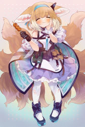 Rule 34 | 1girl, absurdres, animal ears, apron, arknights, bare shoulders, black footwear, black gloves, blonde hair, blue hairband, blush, closed eyes, commentary request, eating, food, fox ears, fox tail, full body, gloves, grey pantyhose, grey skirt, hair rings, hairband, highres, holding, holding food, holding skewer, infection monitor (arknights), kitsune, kyuubi, multicolored background, multiple tails, pantyhose, petticoat, pouch, shoes, short hair, single glove, skewer, skirt, smile, solo, standing, suzuran (arknights), tail, takumi mizuki, torn clothes, torn pantyhose, waist apron, white apron, white pantyhose, wrist cuffs