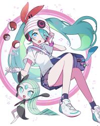 Rule 34 | 1girl, aqua eyes, bag, beamed eighth notes, beamed sixteenth notes, beanie, black socks, collared shirt, commentary, creatures (company), game freak, gen 5 pokemon, gloves, green hair, hat, hatsune miku, headphones, highres, legendary pokemon, long hair, looking at viewer, meloetta, murumuru (pixiv51689952), musical note, mythical pokemon, nintendo, open mouth, pleated skirt, poke ball, pokemon, pokemon (creature), project voltage, psychic, psychic miku (project voltage), quarter note, shirt, shoulder bag, single glove, skirt, socks, twintails, very long hair, vocaloid, white footwear, white gloves, white headwear, white shirt