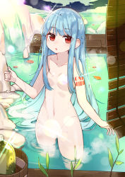 Rule 34 | 1girl, :o, barcode, barcode tattoo, blue eyes, blush, breasts, bucket, collarbone, convenient censoring, floating hair, groin, hair censor, hair over breasts, light censor, long hair, looking at viewer, navel, nude, original, parted lips, red eyes, ryuuno6, small breasts, solo, tattoo, very long hair, wading, water, waterfall, wet, wet hair, wooden bucket
