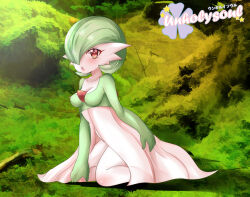 Rule 34 | 1girl, arm at side, artist name, blush, bob cut, breasts, collarbone, colored skin, creatures (company), day, female focus, forest, full body, game freak, gardevoir, gen 3 pokemon, green background, green hair, green skin, hair over one eye, kneeling, looking at viewer, medium breasts, multicolored skin, nature, nintendo, one eye covered, open mouth, outdoors, pokemon, pokemon (creature), red eyes, short hair, solo, two-tone skin, unholysoul, watermark, white skin