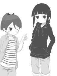 Rule 34 | 10s, 2girls, alternate costume, braid, casual, commentary request, greyscale, highres, kantai collection, kitakami (kancolle), momimaki, monochrome, multiple girls, one eye closed, ponytail, shikinami (kancolle), single braid