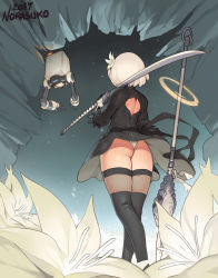 Rule 34 | 1girl, 2017, artist name, ass, back cutout, black dress, clothing cutout, dated, dress, feather boa, flower, from behind, hair flower, hair ornament, hairband, highres, leotard, leotard under clothes, making-of available, nier (series), nier:automata, norasuko, over shoulder, panties, pantyshot, pod (nier:automata), polearm, robot, silver hair, spear, standing, sword, thighhighs, underwear, weapon, weapon over shoulder, wedgie, wind, wind lift, 2b (nier:automata)