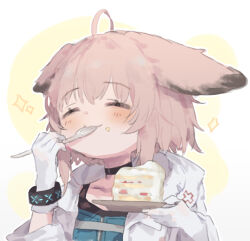Rule 34 | 1girl, ahoge, animal ears, arknights, black choker, black wristband, blue vest, blush, cake, cake slice, choker, closed eyes, closed mouth, coat, commentary, eating, food, fork, fox ears, fox girl, gloves, holding, holding fork, holding plate, hood, hood down, hooded coat, infection monitor (arknights), lab coat, pink hair, plate, solo, sparkle, sussurro (arknights), unitedunti, upper body, vest, white coat, white gloves