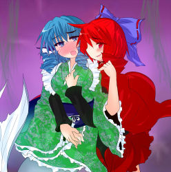 Rule 34 | 2girls, blue drill hair, buuwa, dress, drill hair, green kimono, hand on another&#039;s chest, japanese clothes, kimono, mermaid, monster girl, multiple girls, red dress, sekibanki, touhou, two-tone background, wakasagihime, yuri