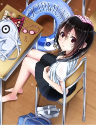 Rule 34 | 1girl, arm up, bag, bare legs, barefoot, black hair, black skirt, blush, book, breasts, brown eyes, chair, cleavage, closed mouth, desk, downblouse, drying, duffel bag, from above, from behind, goggles, hand on head, heart, heart print, indoors, innertube, kentaurosu, long hair, looking at viewer, looking up, magazine (object), open clothes, pleated skirt, red eyes, school desk, school uniform, serafuku, shirt, shoes, sitting, skirt, small breasts, solo, swim ring, table, unworn shoes, uwabaki, wet, white footwear, white shirt, wooden floor