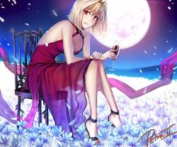 Rule 34 | 1girl, arcueid brunestud, blonde hair, boots, breasts, cleavage, cup, dress, flower, from side, full body, full moon, grin, halterneck, high heel boots, high heels, holding, holding cup, large breasts, long dress, moon, petra-ii, red dress, red eyes, see-through, short hair, sitting, sleeveless, sleeveless dress, smile, solo, tsukihime, white flower, white petals