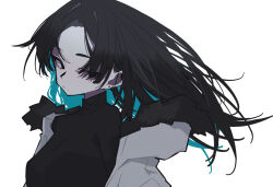 Rule 34 | 1girl, aqua hair, black hair, black shirt, closed mouth, colored inner hair, full burrrrrrst, fur-trimmed jacket, fur trim, grey jacket, highres, jacket, jewelry, long hair, looking at viewer, multicolored hair, open clothes, open jacket, original, parted bangs, shirt, simple background, solo, two-tone hair, white background