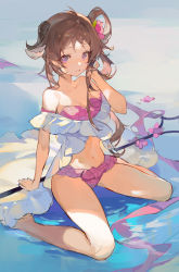 Rule 34 | 1girl, absurdres, animal ears, arknights, bad id, bad pixiv id, bare legs, bare shoulders, barefoot, bikini, blush, breasts, brown hair, cleavage, collarbone, eyjafjalla (arknights), eyjafjalla (summer flower) (arknights), flower, frilled bikini, frills, full body, goat ears, goat horns, hair flower, hair ornament, highres, hoirn, horns, long hair, looking at viewer, navel, off-shoulder bikini, off shoulder, official alternate costume, parted lips, pink bikini, pink eyes, pink flower, shallow water, sitting, small breasts, solo, staff, stomach, swimsuit, wariza, water