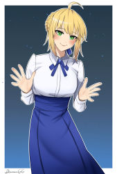 Rule 34 | 1girl, artist name, artoria pendragon (all), artoria pendragon (fate), blonde hair, blue skirt, blush, breasts, closed mouth, commentary, commission, darkpulsegg, english commentary, fate/stay night, fate/zero, fate (series), green eyes, hair ornament, highres, lips, long skirt, long sleeves, looking at viewer, medium hair, saber (fate), shirt, simple background, skirt, smile, solo, standing, white shirt