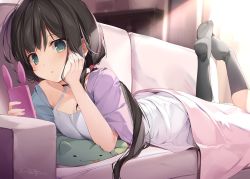Rule 34 | 1girl, black hair, black socks, blanket, blush, breasts, camisole, cleavage, collarbone, couch, green eyes, highres, holding, holding phone, jacket, karory, long hair, looking at viewer, lying, on stomach, open mouth, original, phone, pillow, socks, solo, twintails, white camisole