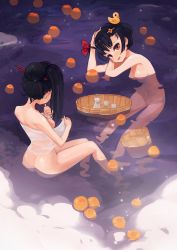 Rule 34 | 2girls, ass, black hair, blush, breasts, cleavage, eyebrows, hair ornament, hairclip, highres, large breasts, long hair, looking at another, looking at viewer, multiple girls, naked towel, open mouth, original, rubber duck, short hair, smile, soar, towel