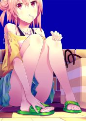 Rule 34 | 10s, 1girl, akino sora, bag, bare legs, bead necklace, beads, blue skirt, breasts, drinking straw, feet, hair bun, hand on foot, hand on own knee, hands on feet, highres, jewelry, leaning back, leaning on object, legs, looking away, medium breasts, necklace, off-shoulder shirt, off shoulder, orange hair, outdoors, pleated skirt, red eyes, sandals, shirt, single hair bun, sitting, skirt, sky, slippers, solo, striped clothes, striped shirt, text print, toes, yahari ore no seishun lovecome wa machigatteiru., yuigahama yui